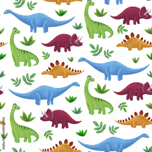 Fototapeta Naklejka Na Ścianę i Meble -  Dinosaurs seamless pattern. Cute dinos children illustration. Isolated on transparent background