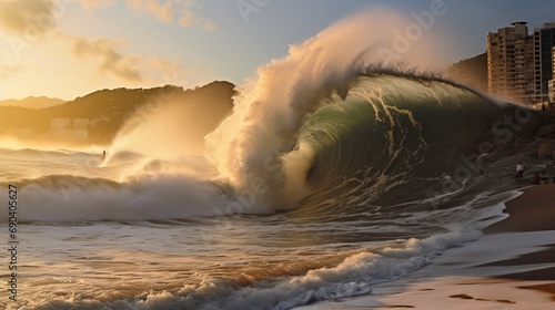 Wave breaking on the third slab of Arpoador beach in Rio de Janeiro photo