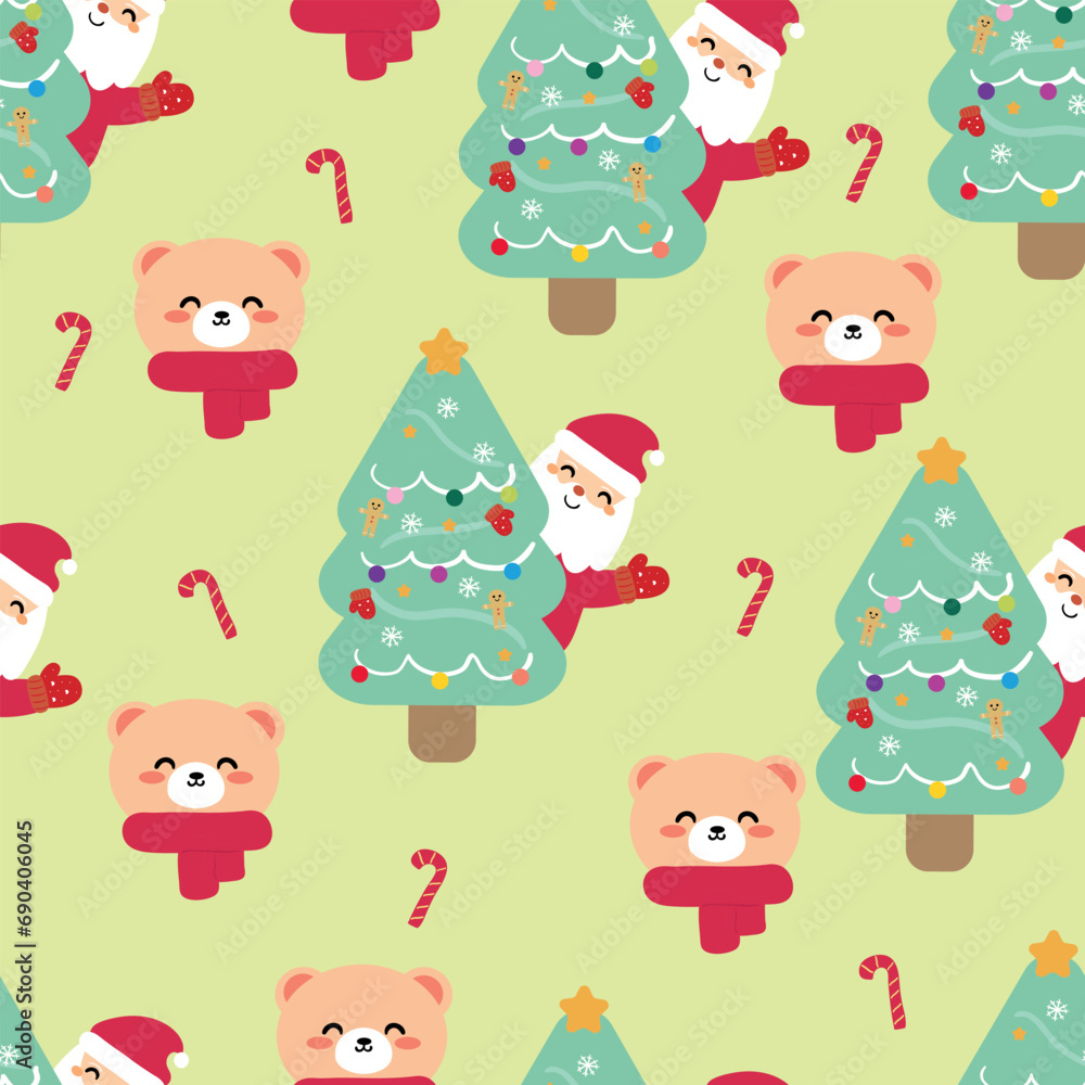 Fototapeta premium Seamless pattern cartoon Santa with Christmas tree and element. Cute Christmas wallpaper for card, gift wrap paper