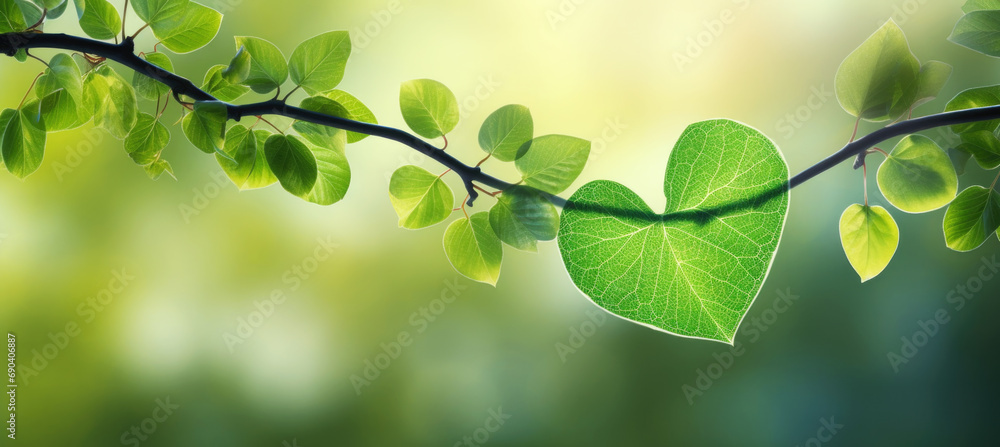 Green Leaf in the Shape of Heart Hanging on Branch, Love Nature Concept  - obrazy, fototapety, plakaty 