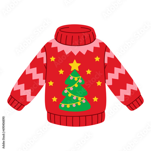 Christmas ugly sweater with Xmas tree. New Year funny jumper with decorated a spruce in cartoon flat style. Isolated festive winter clothes vector illustration on a white background for holiday design
