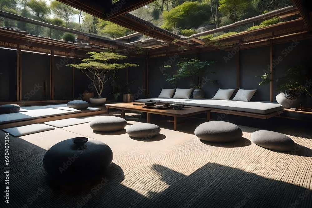 Fototapeta premium An uncluttered meditation space featuring a peaceful rock garden, tatami mats, and minimalistic seating