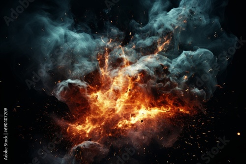 Realistic 3D illustration of a powerful fiery explosion with flames, sparks, clouds of black smoke. Isolated on black background.