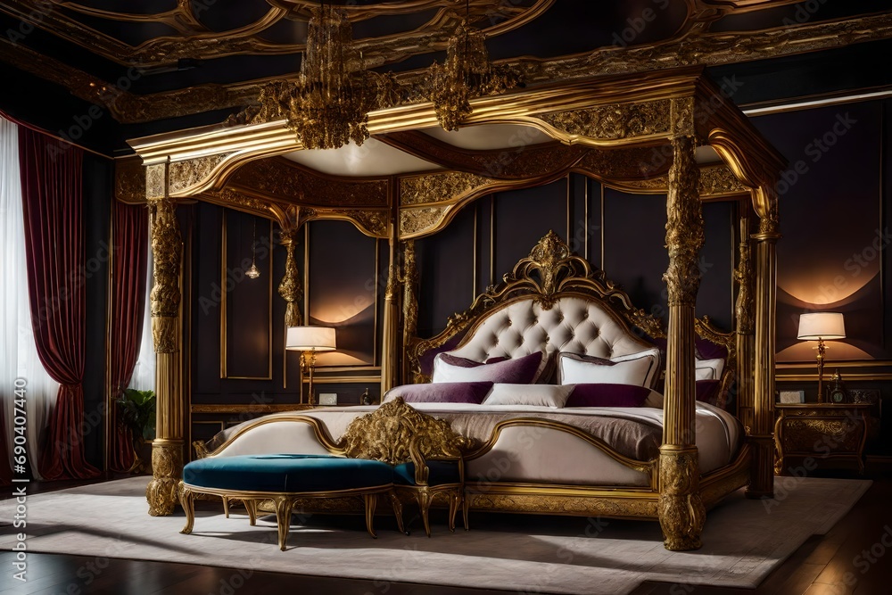 A luxurious bedroom with a Baroque-inspired canopy bed, elegant upholstery, and opulent decor A luxurious bedroom with a Baroque-inspired canopy bed, elegant upholstery, and opulent decor
