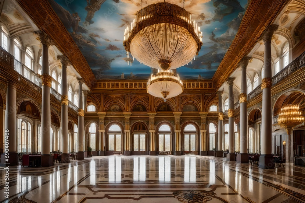 A majestic ballroom adorned with marble floors, opulent frescoes, and crystal chandeliers