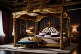 A luxurious bedroom with a Baroque-inspired canopy bed, elegant upholstery, and opulent decor