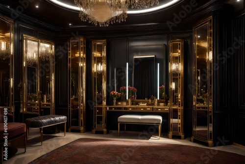 An extravagant dressing room with a vintage vanity  Hollywood-style mirrors  and a luxurious seating area