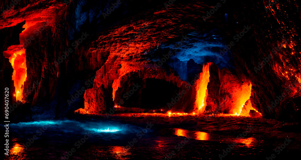 A cave with burning lava and a bluish glow of water, creating a mystical atmosphere. Generative AI. A cave with burning lava and a bluish glow of water, creating a mystical atmosphere. Generative AI.