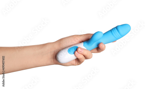 Female hand with vibrator isolated on white background, closeup