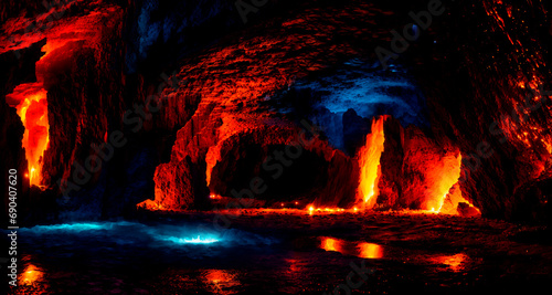 A cave with burning lava and a bluish glow of water, creating a mystical atmosphere. Generative AI.