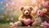 Cute funny toy bear with a knitted heart in a meadow with flowers romantic