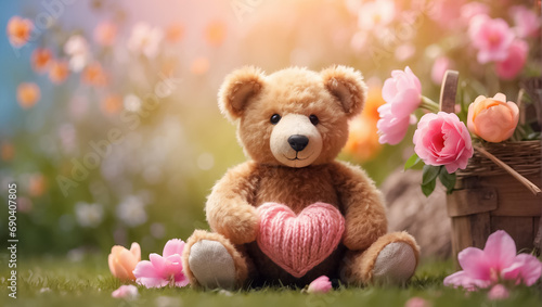 Cute funny toy bear with a knitted heart in a meadow with flowers romantic © tanya78
