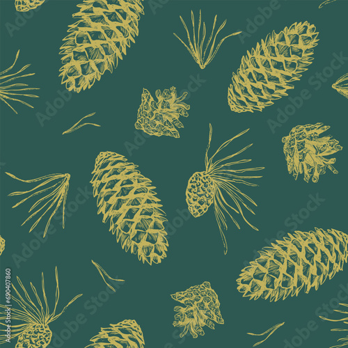 Gold pine cones botanical seamless pattern. Christmas background.. Vector illustration.