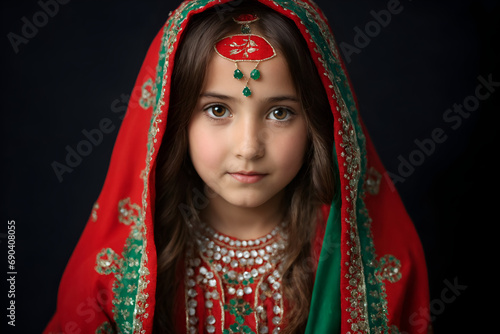 Lighthearted Beautiful Pashtun Female Child in red and green traditional clothing photo