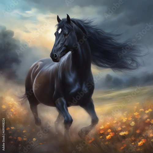 Black horse run gallop in desert dust against sunset sky.