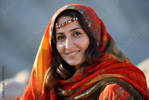 Joyful Pashtun Middle-aged Woman with traditional clothes and a warm smile photo