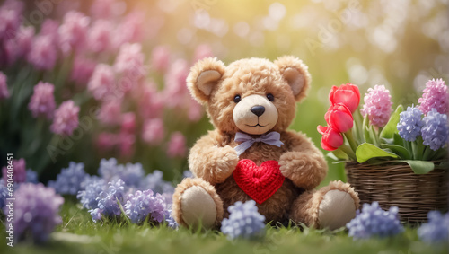 Cute funny toy bear with a knitted heart in a meadow with flowers
