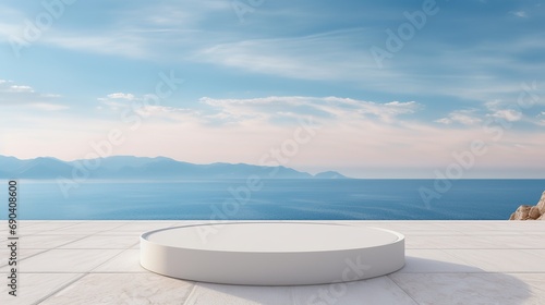 White marble podium with sea view on background © Boraryn
