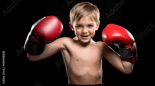 Pre-teen Male Boxer Wearing Boxing Gloves Against a Flat Black Background