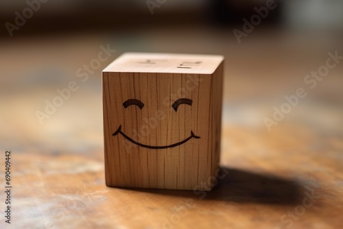 A wooden puzzle cube with a happy face, concept of positive facial emotion