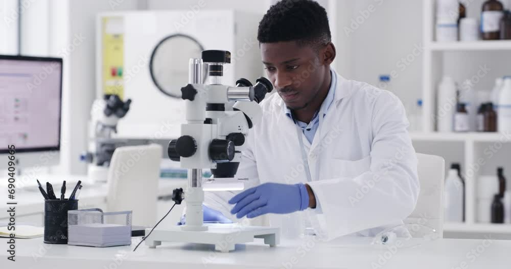 Science, microscope and study with man and sample in laboratory for experiment, vaccine and healthcare. Analysis, medical and medicine with African scientist and dna for cure, chemistry and research Science, microscope and study with man and sample in laboratory for experiment, vaccine and healthcare. Analysis, medical and medicine with African scientist and dna for cure, chemistry and research