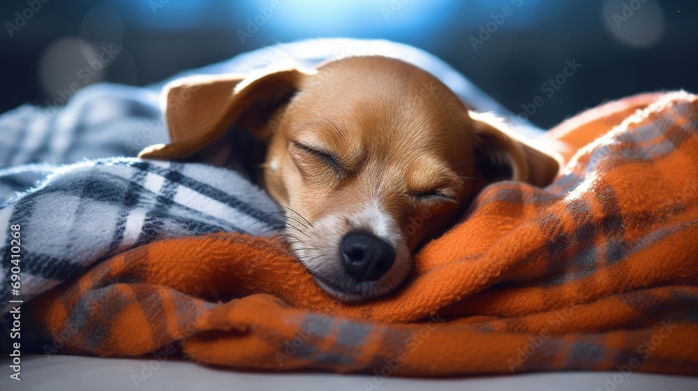 Generative AI, cute dog sleeping on cozy warm blanket near the window, hygge style