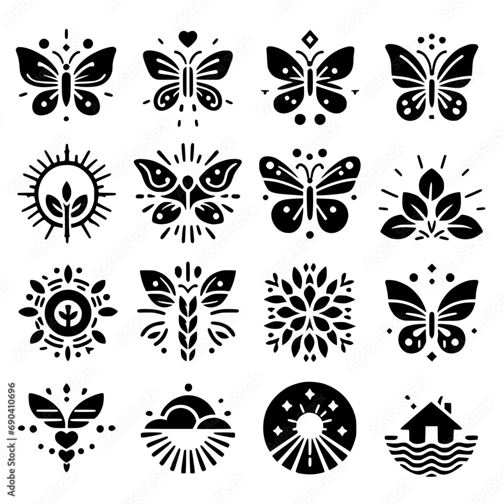 Fototapeta premium black and white butterfly icon set