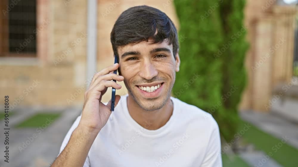 In the sunny park, a confident young hispanic man stands, his smile beaming. engrossed in a call on his smartphone, he's the picture of cool, a portrait of pure happiness in the great outdoors In the sunny park, a confident young hispanic man stands, his smile beaming. engrossed in a call on his smartphone, he's the picture of cool, a portrait of pure happiness in the great outdoors