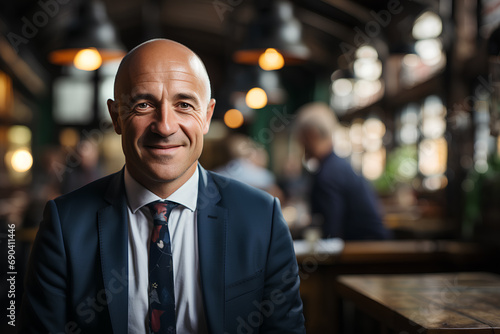 A confident business manager in a suit and tie smiling at the camera