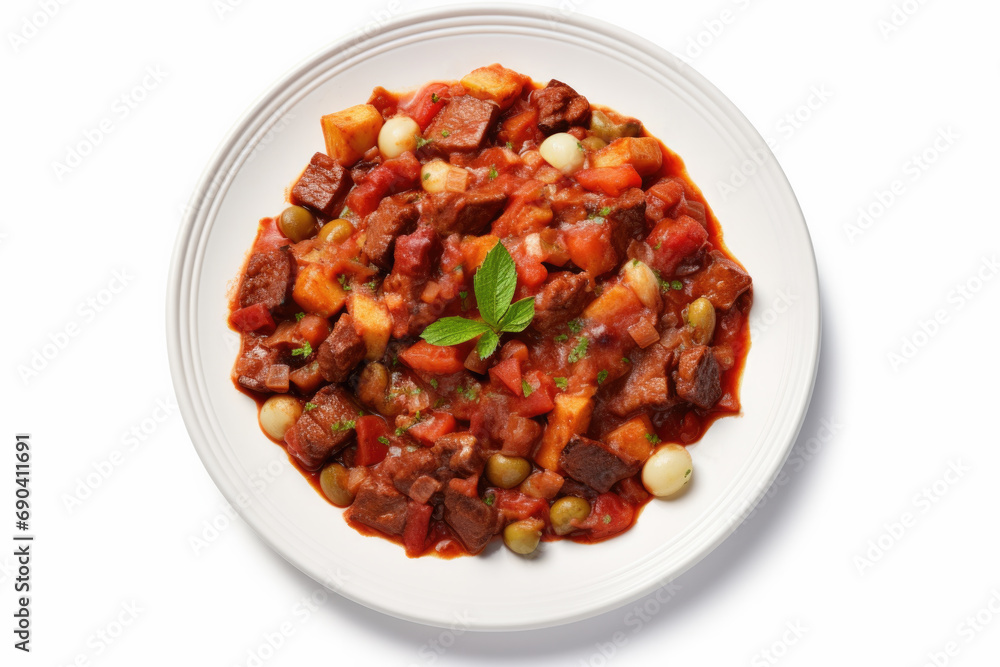 Top view of ragout, goulash or stew with meat, sauce and vegetable on white background, copy space Top view of ragout, goulash or stew with meat, sauce and vegetable on white background, copy space