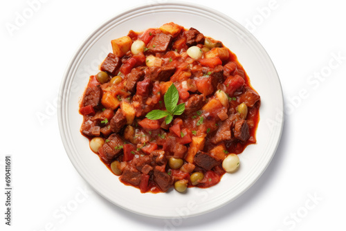Top view of ragout, goulash or stew with meat, sauce and vegetable on white background, copy space