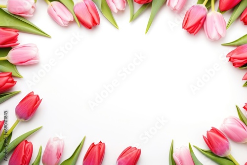 Frame of red and pink tulips on white background.