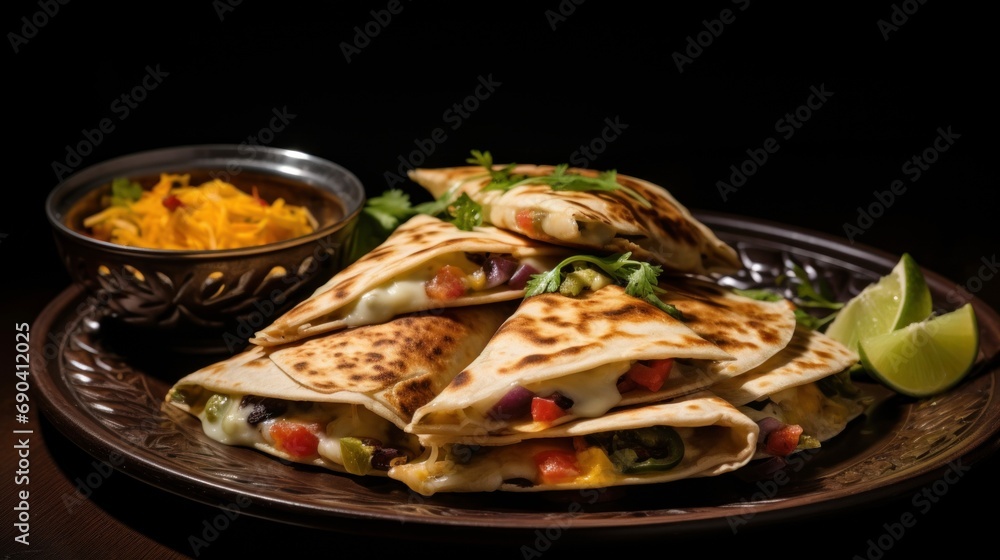 Plate of Mexican quesadillas with spinach and cheese, garnished with lime and herbs, presented on a wooden table against a dark background. Perfect for food and restaurant themes Plate of Mexican quesadillas with spinach and cheese, garnished with lime and herbs, presented on a wooden table against a dark background. Perfect for food and restaurant themes