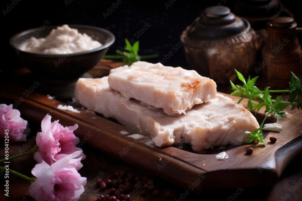 Salted pork lard, traditional dish of Ukrainian cuisine. Salo. Close up of sliced pork belly served on a wooden cutting board. On dark background. Ideal for restaurant menu, food blog, cookbook Salted pork lard, traditional dish of Ukrainian cuisine. Salo. Close up of sliced pork belly served on a wooden cutting board. On dark background. Ideal for restaurant menu, food blog, cookbook