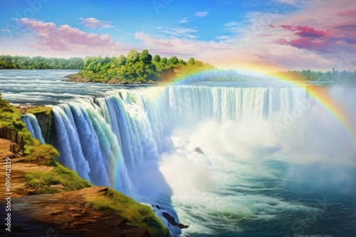 Picturesque waterfall cascading over a cliff  with a vibrant rainbow arching over the river below. Ideal for nature or travel-related projects. Illustration