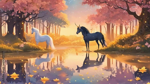 heart grove, peaceful pond reflects perpetual twilight, surface sparkling with specks gold. majestic unicorn, with golden horn coat shimmering stars, stands waters edge, 2d animation photo