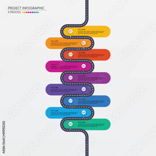 Road way infographic circle of 9 steps and business icons for finance process steps.