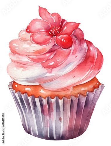 Watercolor illustration of a Valentines cupcake. Transparent background, png. Ai generated.