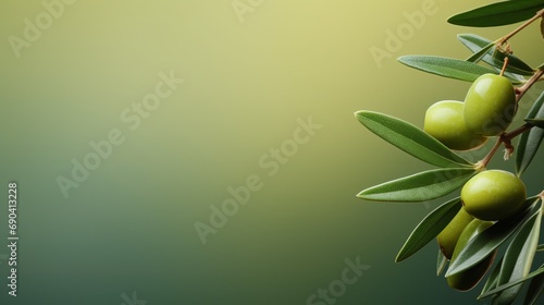 A green background with green olives, olive oil, and a banner is the backdrop for an olive branch. photo