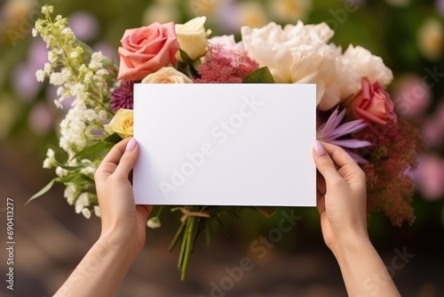 Hands holding empty card with assorted flowers in background photo