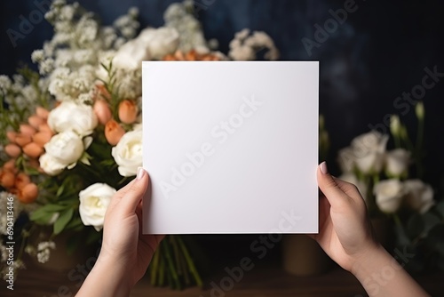 Hands holding empty card with assorted flowers in background