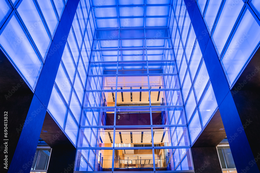 Blue geometric building premises. Blue geometric building premises.