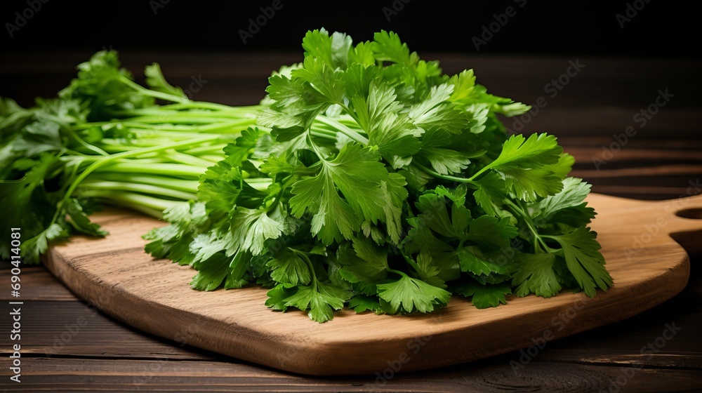 A wooden background with green parsley that is both dry and fresh. A wooden background with green parsley that is both dry and fresh.