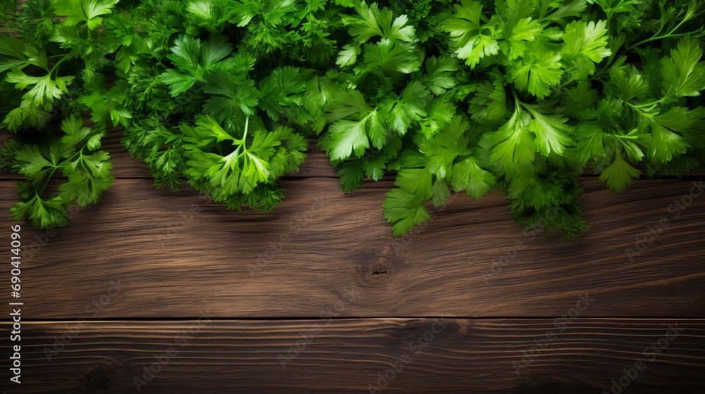 A wooden background with fresh parsley and ample room for your text in the upper part of the image. A wooden background with fresh parsley and ample room for your text in the upper part of the image.