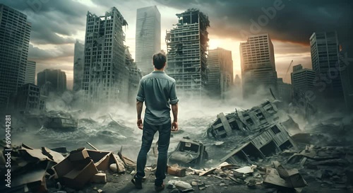 Man standing in front of a destroyed city photo