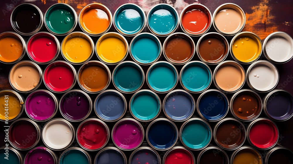 Paint cans that are flat and colorful can be laid out on a flat surface Paint cans that are flat and colorful can be laid out on a flat surface