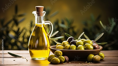The background of olive trees is filled with fresh olive oil and olives.