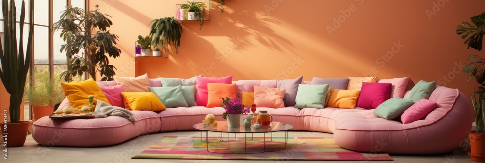 Colorful and Inviting Living Room with L-Shaped Pink Sofa