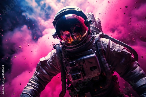 astronaut in a spacesuit and helmet against a background of pink nebula