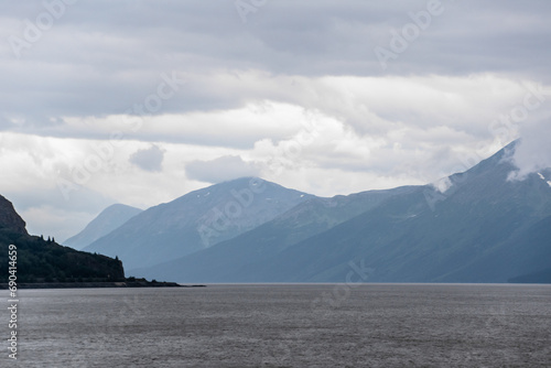 Turnagain Arm Bay Surrounded By Mountains on Cloudy Day in Alaska